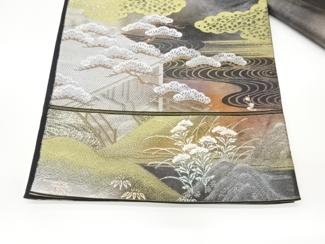  屋敷に鴛鴦・草花・橋模様織り出し袋帯